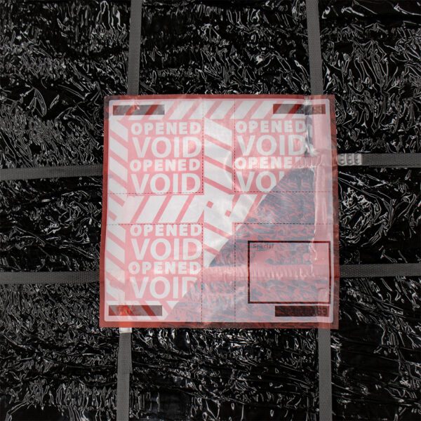 the void message of the tamper evident pallet label is clearly visible on pallet wrap