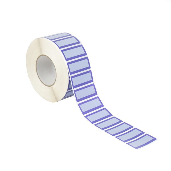 roll of tamper evident labels with a white panel for easy overprinting