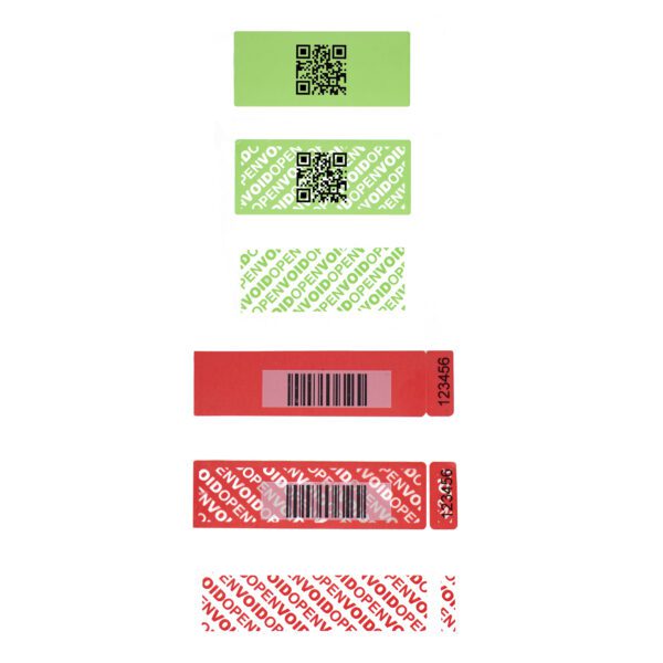 permanent security labels with QR code and barcodes and sequential numbers overprinted