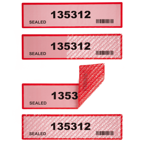 Tamper evident non residue security labels demonstrating different stages of peel and reveal void technology by tamper tech