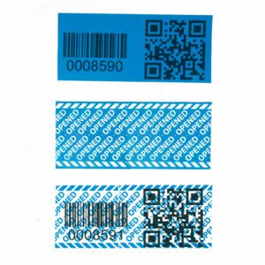 intelligent tamper evident label showing barcode, numbering and QR codes before removal and after removal