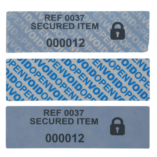 Blue security paper tamper evident labels with numbers being tampered with