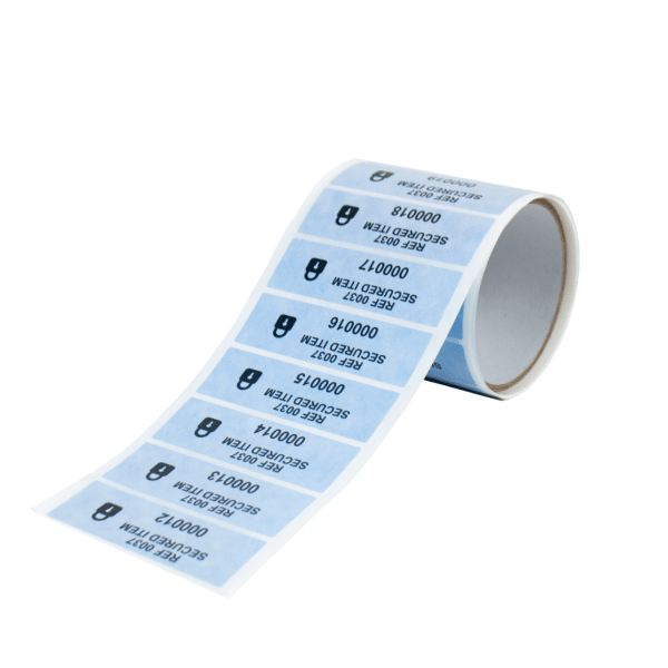 Blue security paper tamper evident labels with numbers on roll