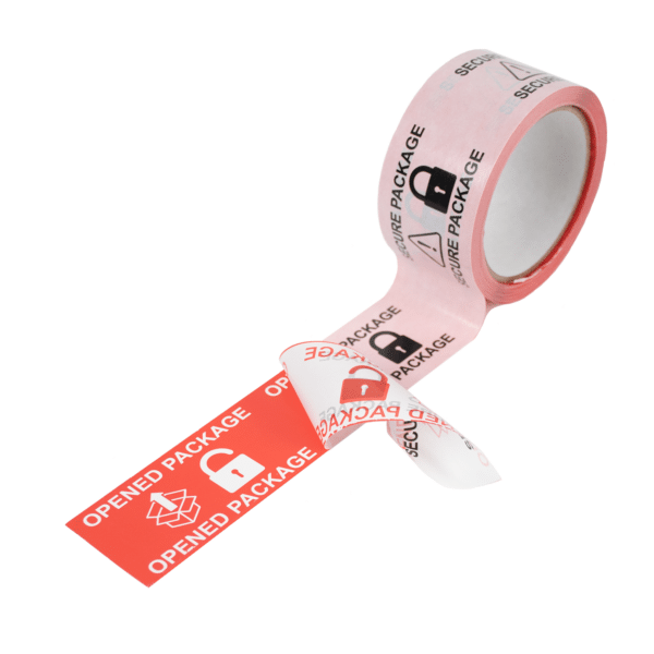 red paper tamper evident security box tape on roll with hidden message