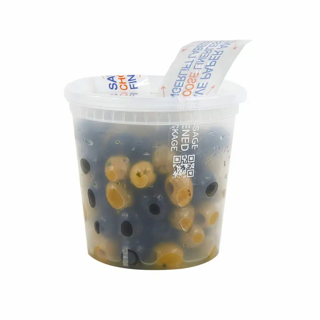 permanent tamper evident food security labels opened on a pack of olives