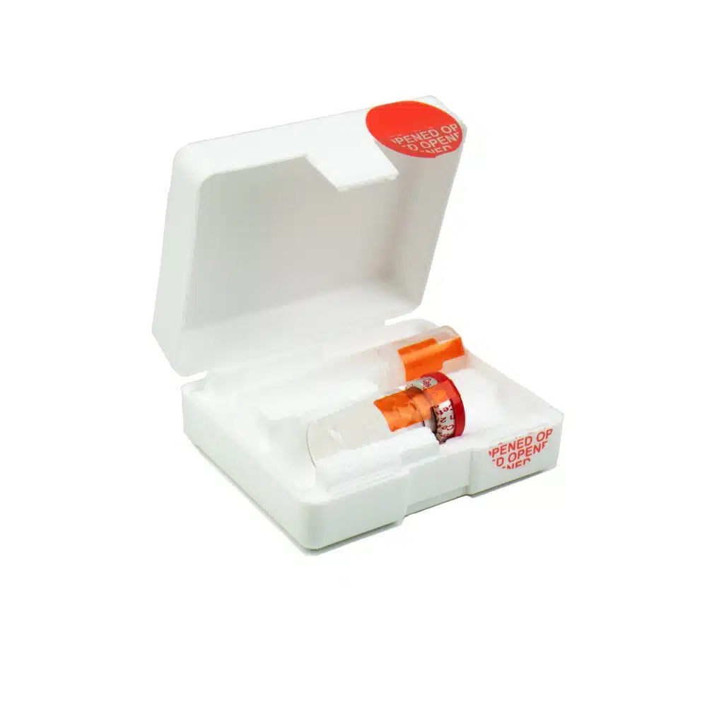 pharmaceutical viles in box being secured with tamper evident labels