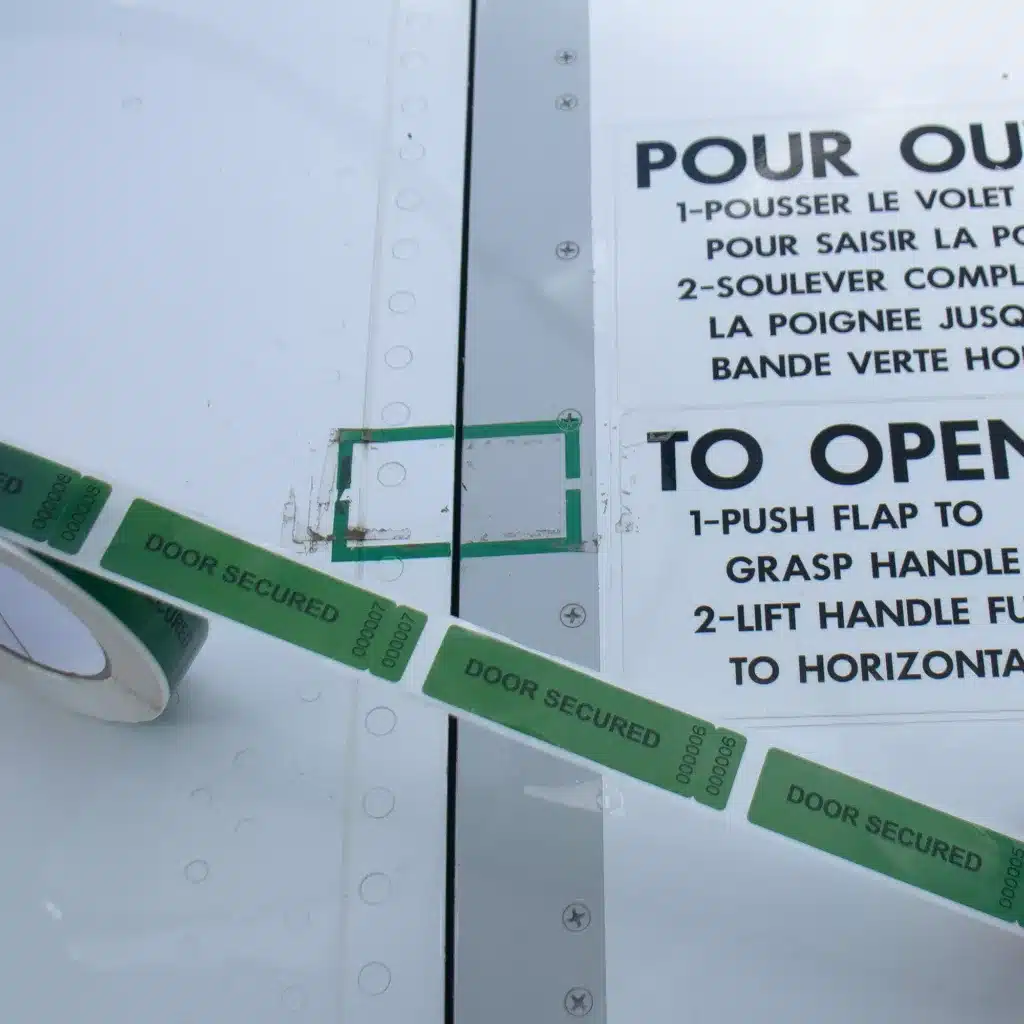 Roll of Tamper-Evident Door Secure Labels for Aircraft with Consecutive Numbers, Security Cuts and Dual Number Tabs from Tampertech