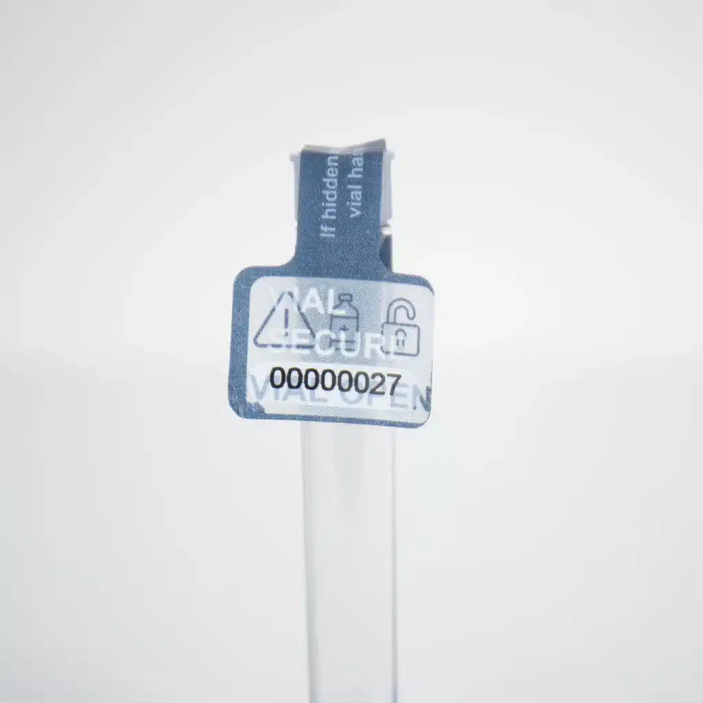 Vial Secure Label with Consecutive Numbers and Voided Label on Vial product shot from Tampertech