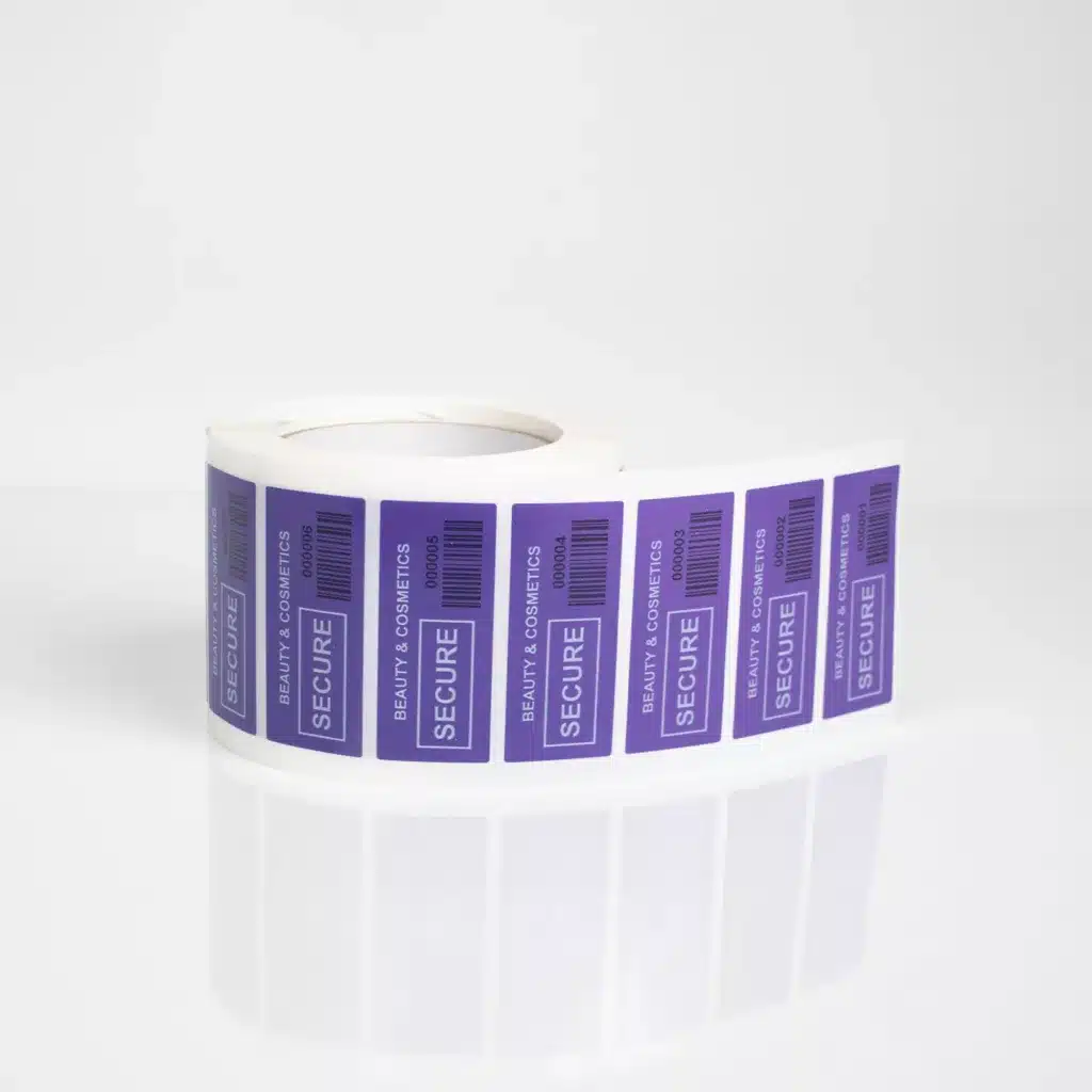 Roll of Non-Residue Purple Tamper-Evident Labels from Tampertech - 70mm x 30mm - Beauty & Cosmetics