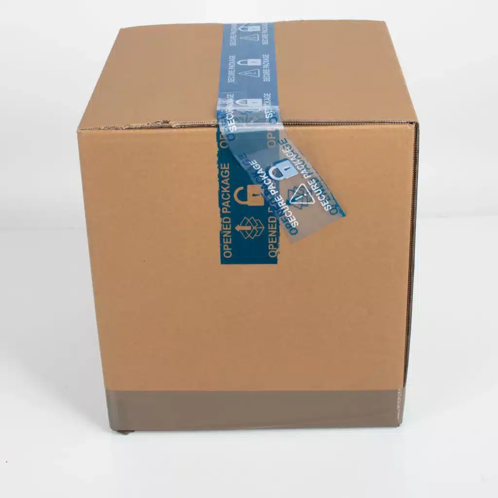Blue secure package tamper evident box tape leaves a visible "VOID" OPENED PACKAGE message when removed, making it easy to identify if a package has been tampered with. The tape also has a top film that peels off, leaving a tamper-evident residue behind.