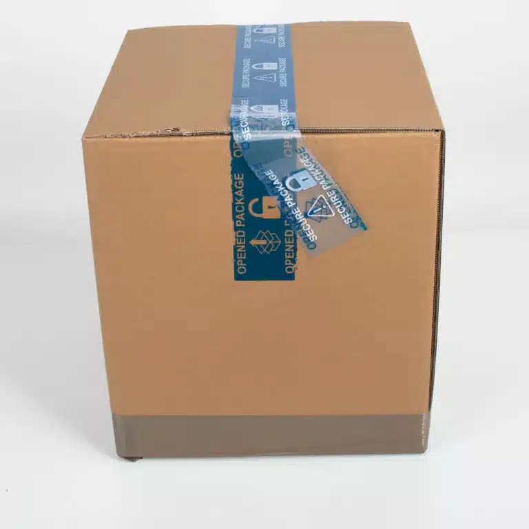 Blue secure package tamper evident box tape leaves a visible "VOID" OPENED PACKAGE message when removed, making it easy to identify if a package has been tampered with. The tape also has a top film that peels off, leaving a tamper-evident residue behind.