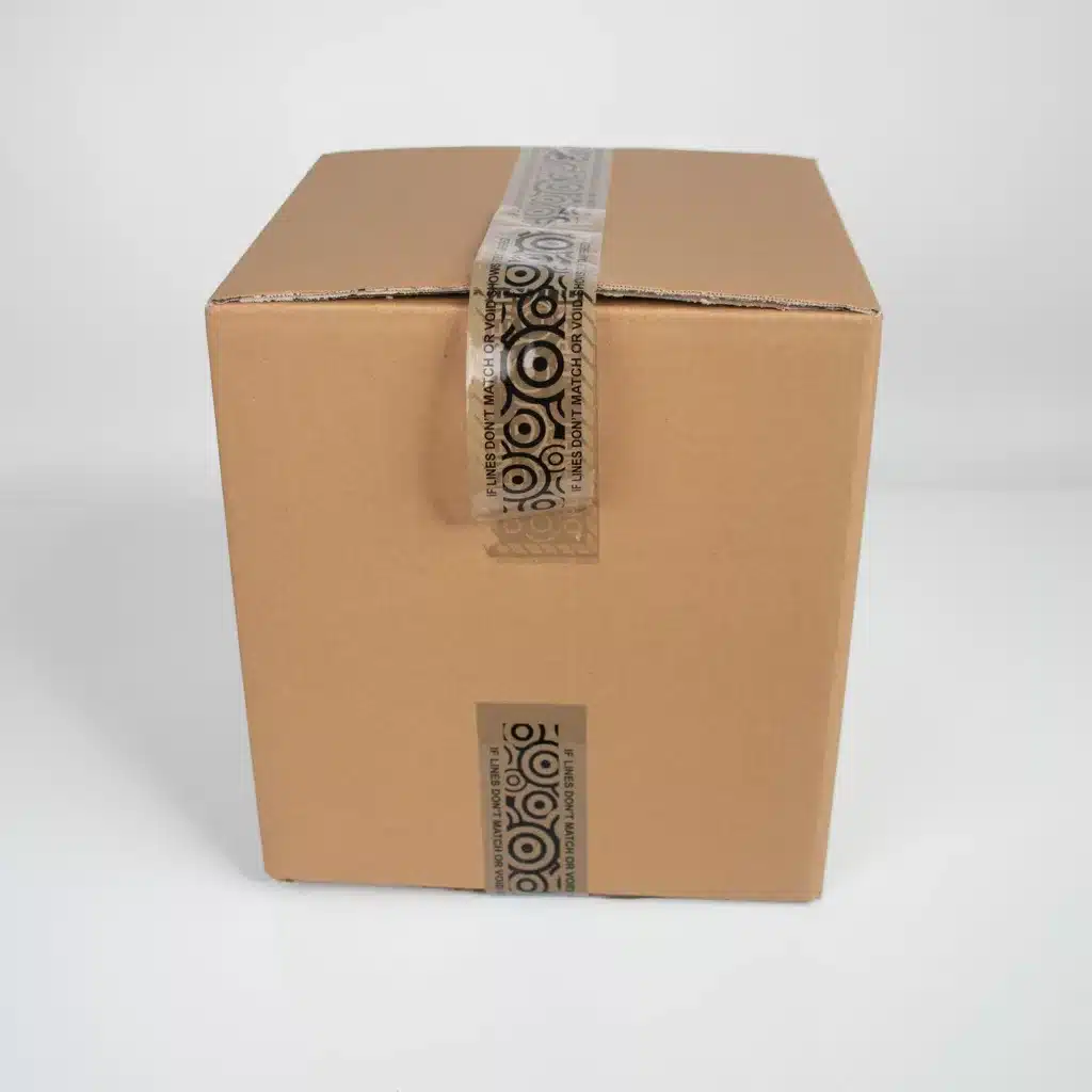 Brown Tamper Evident Box Tape with Printed Circles Removed Showing Void Message on Box and Tape from Tampertech