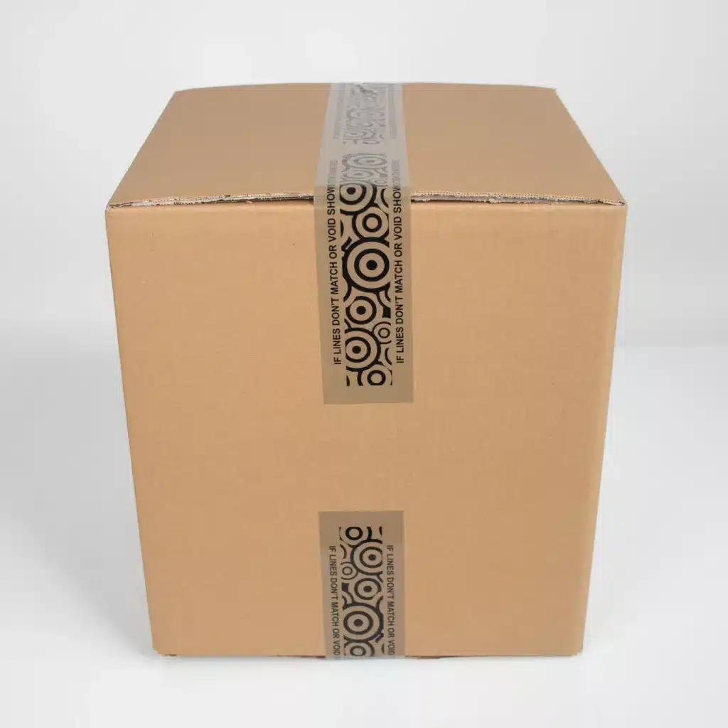 Tampertech Brown Tamper Evident Box Tape with Printed Circles Applied to a Cardboard Box