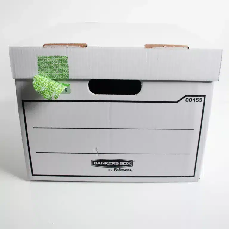 Partially Voided Permanent Paper Tamper-Evident Document Box Secured Label with 'OPENED OPENED' Void Message