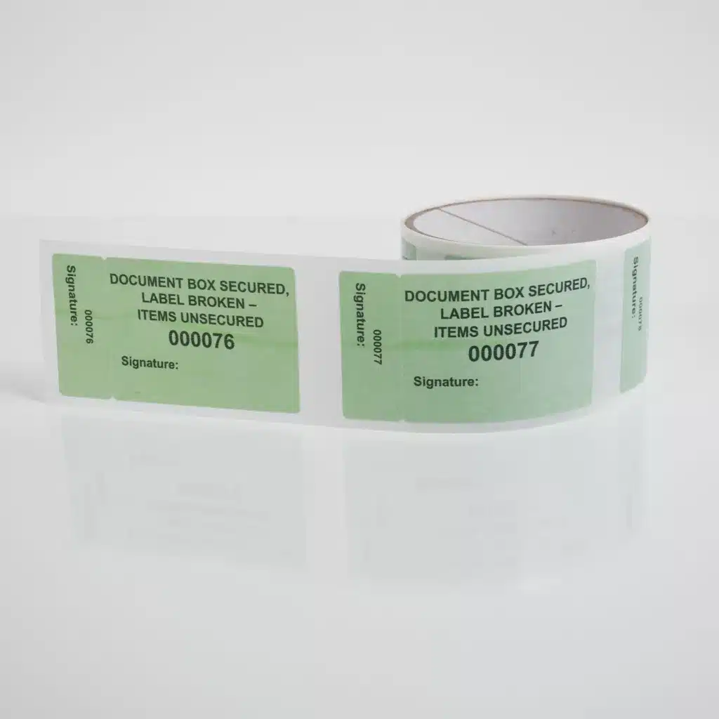 Roll of Green Permanent Tamper-Evident Document Box Secured Labels - 67mm x 49mm + 20mm x 49mm - Consecutive Numbers, Signature Panels, DNT - 1000 Labels per Roll - Tampertech
