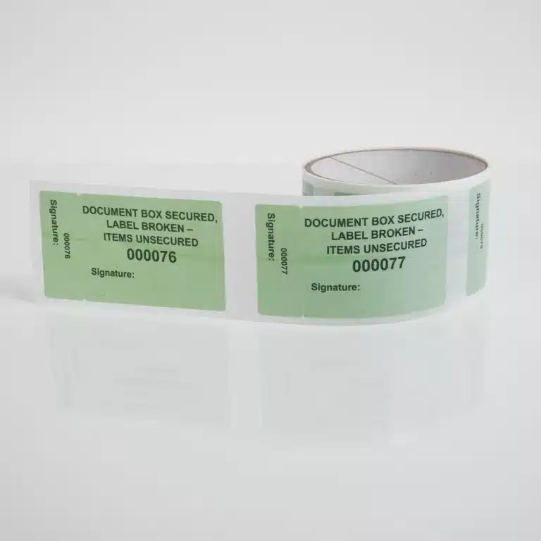 Roll of Green Permanent Tamper-Evident Document Box Secured Labels - 67mm x 49mm + 20mm x 49mm - Consecutive Numbers, Signature Panels, DNT - 1000 Labels per Roll - Tampertech