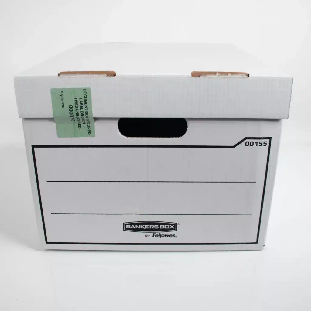 Image of Tamper Evident Document Box Secured Paper Label with Consecutive Numbers and Security Panels with DNT for Added Security and Traceability Applied to a Box