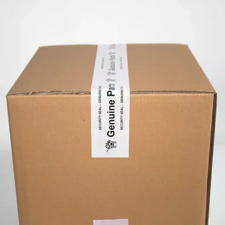 Custom tamper evident tape Tampertech Genuine Parts tamper evident box tape applied to a cardboard box