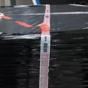 Pallet Security Tamper Evident Tape cold chain supply chain Close up image of Tampertech Pallet Secure Tamper Evident Security Tape voided, demonstrating the same number and barcode are still visible.