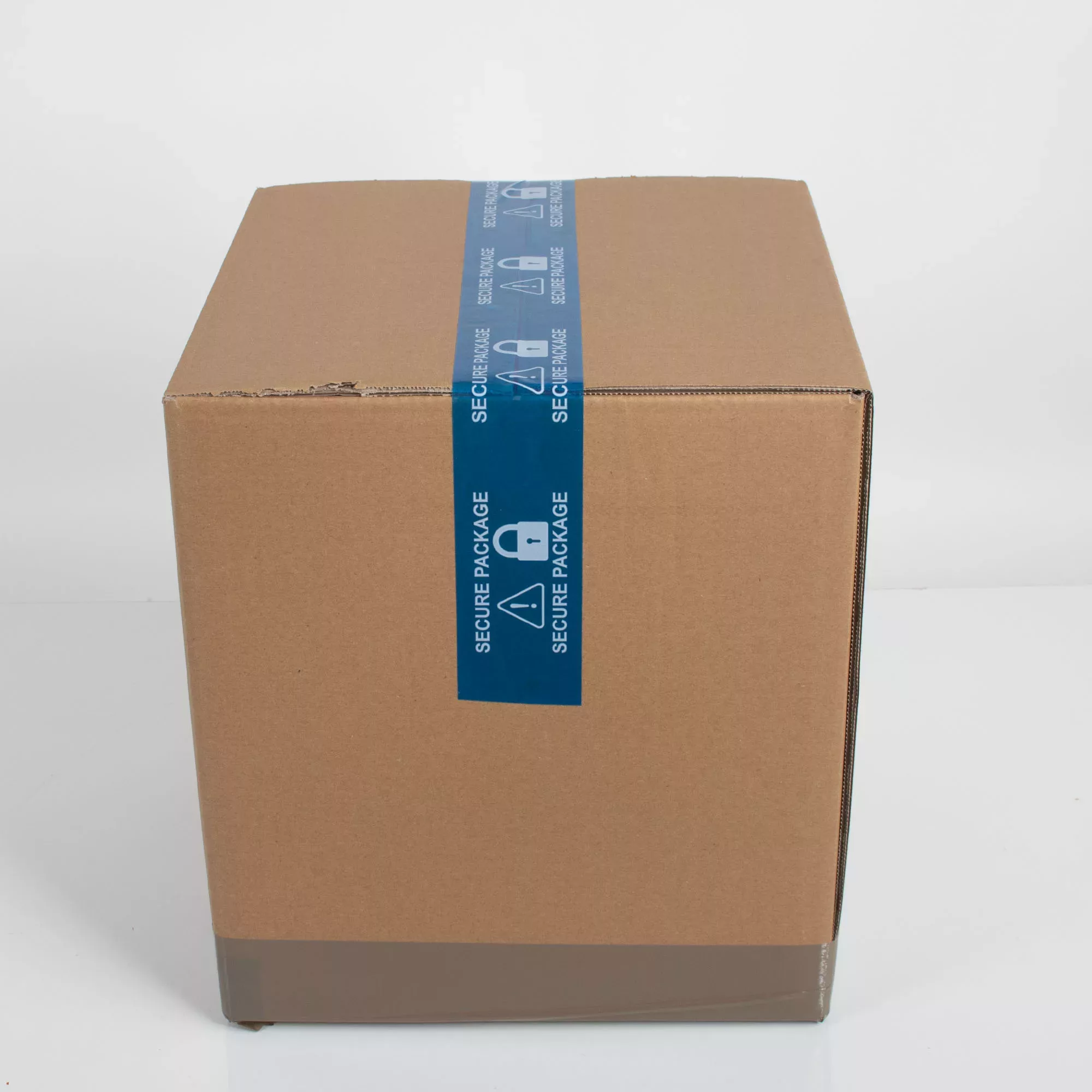 Tampertech Secure Package blue tamper evident box tape applied to a cardboard box