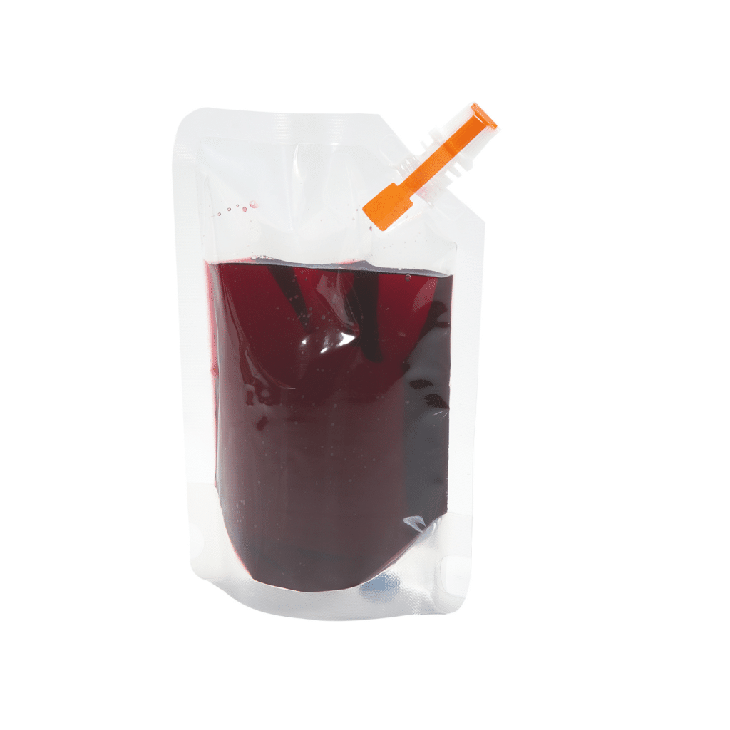 Secure Beverage Tamper Evident Dumbbell Drink Secure label from Tampertech applied to a red wine bag.