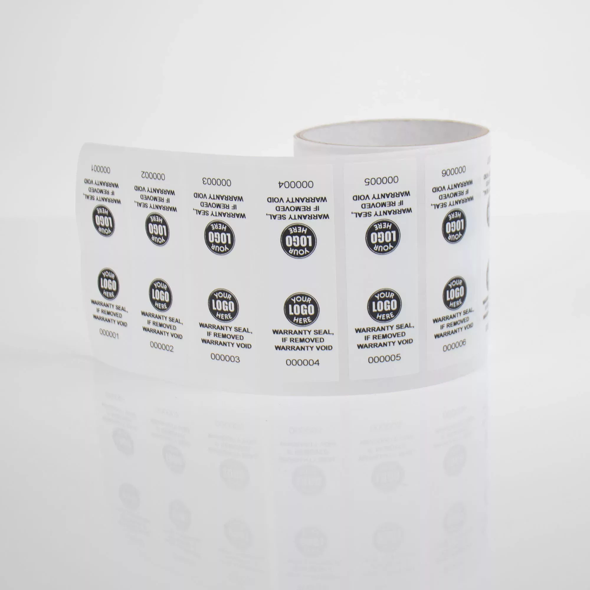 Roll of White Permanent Tamper-Evident Warranty Labels - 90mm x 30mm - Consecutive Numbers, Logo Overprint Space - 50 Labels per Roll - Tampertech