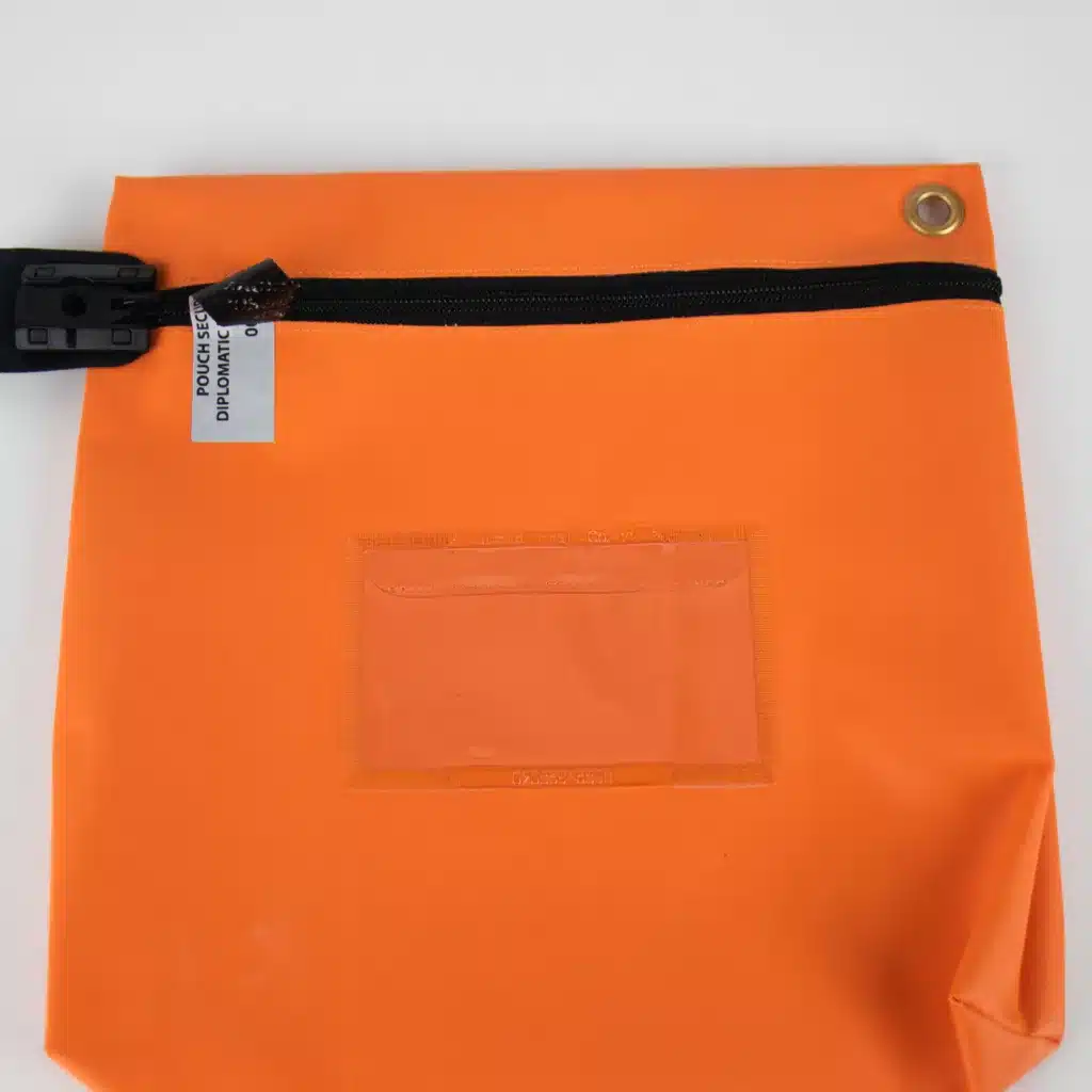 Non-residue label applied to protect reusable diplomatic pouch, demonstrating the non-residue feature from Tampertech