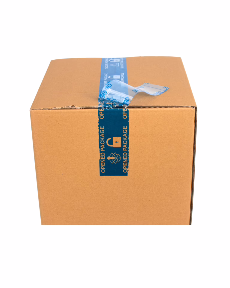 Secure package blue tamper evident tape applied to a box and void