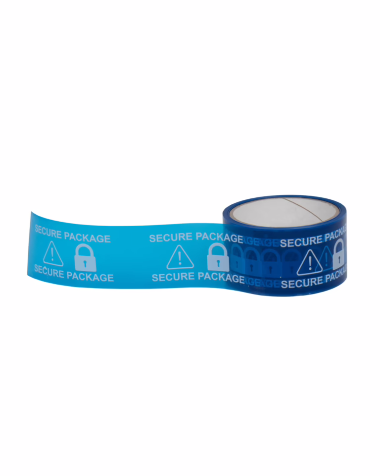 Secure package blue tamper evident tape on a roll